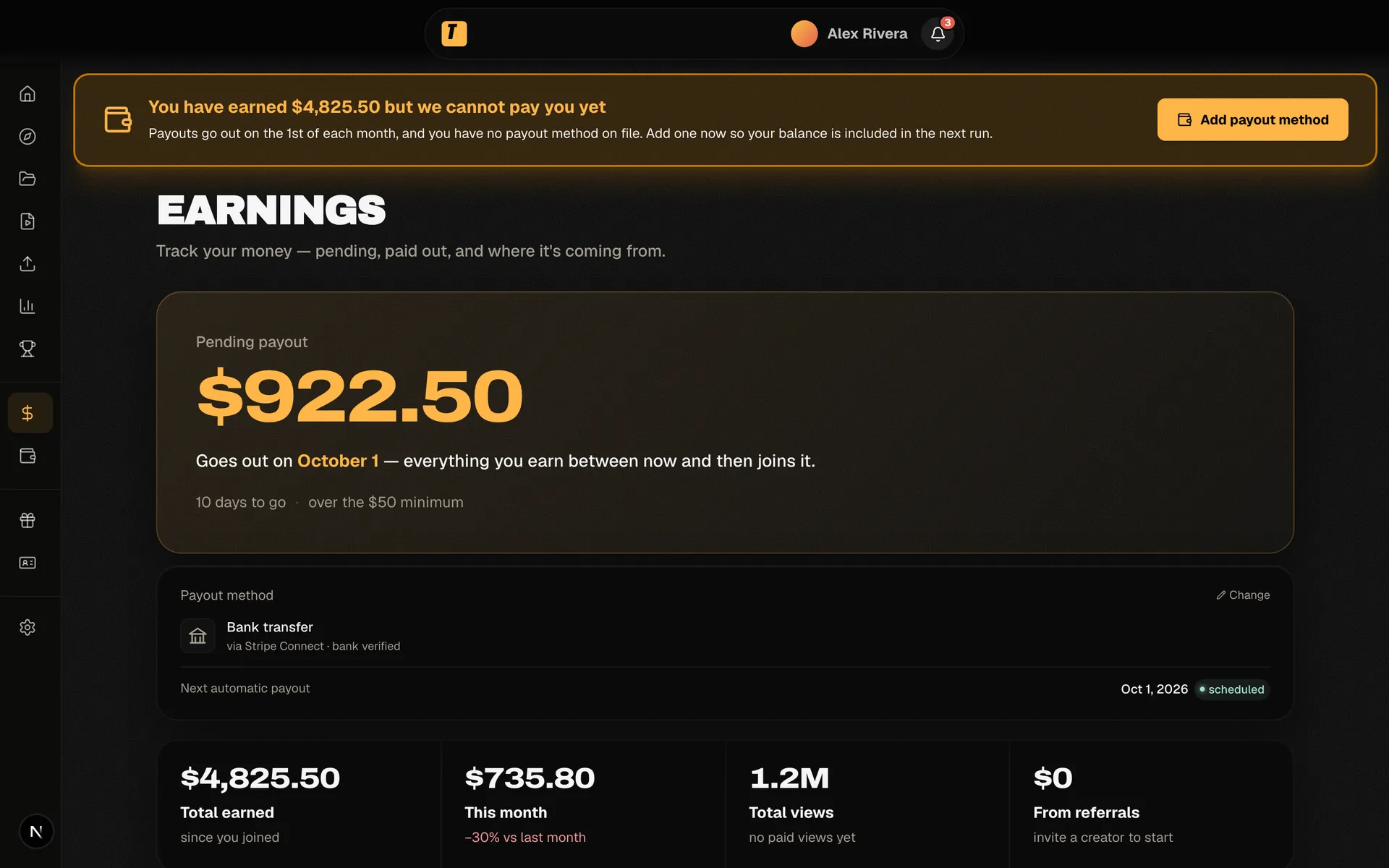 Trapster creator earnings — pending payout, payout date and totals