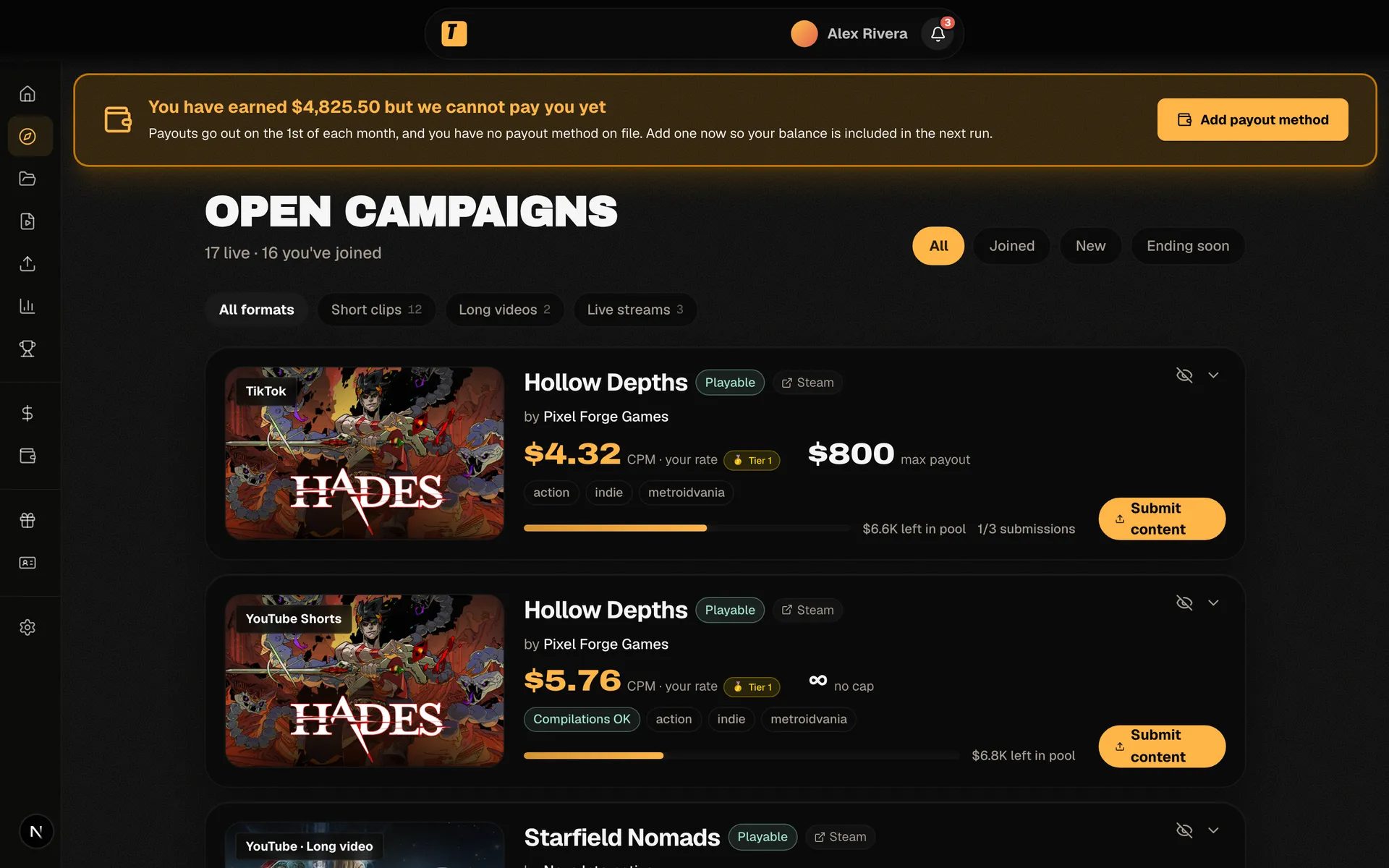 Trapster open campaigns — game covers, terms and briefs