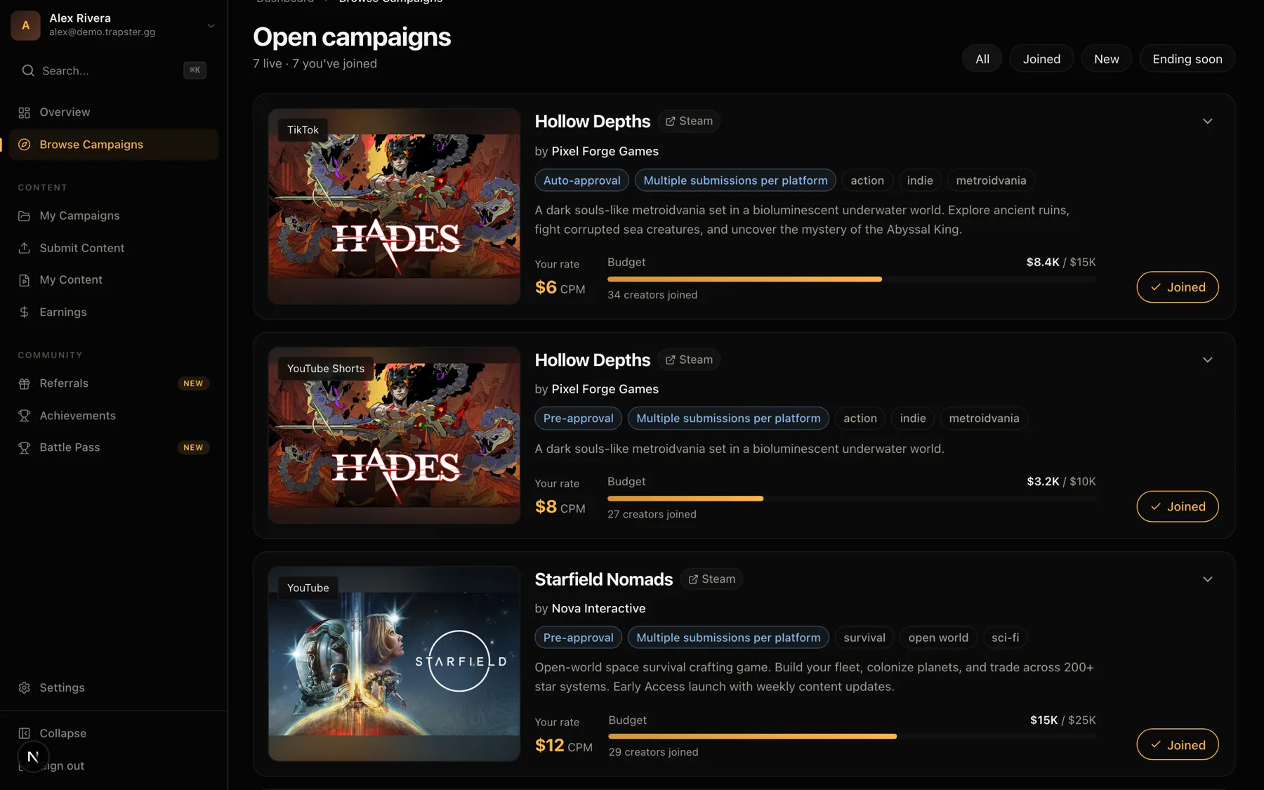 Trapster campaign feed — open campaigns with game covers and briefs